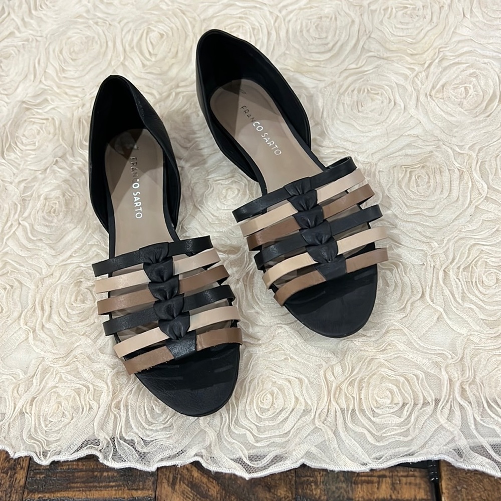 Franco Sarto Black and Beige Braided Strappy Flats